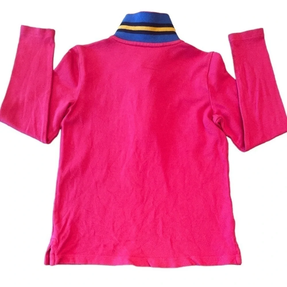 𝅺Ralph Lauren Size 5 Pink Ruffle Long Sleeve Polo w/Blue/Yellow Stripe Collar